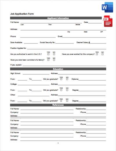 Standard blank job application form