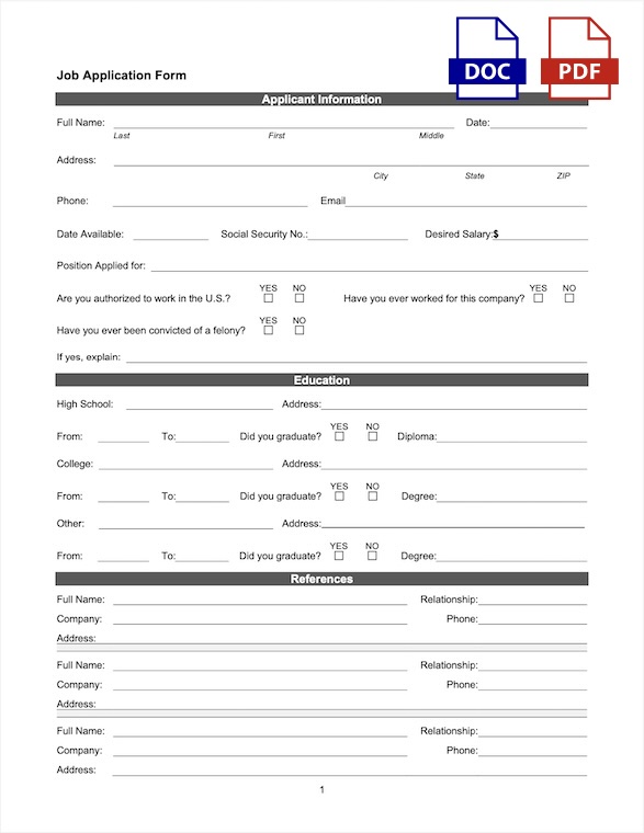 Standard blank job application form